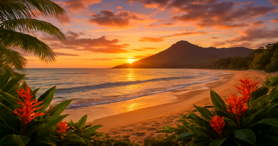 Bюджетное путешествие to a stunning beach at sunset, highlighting natural beauty and affordability.