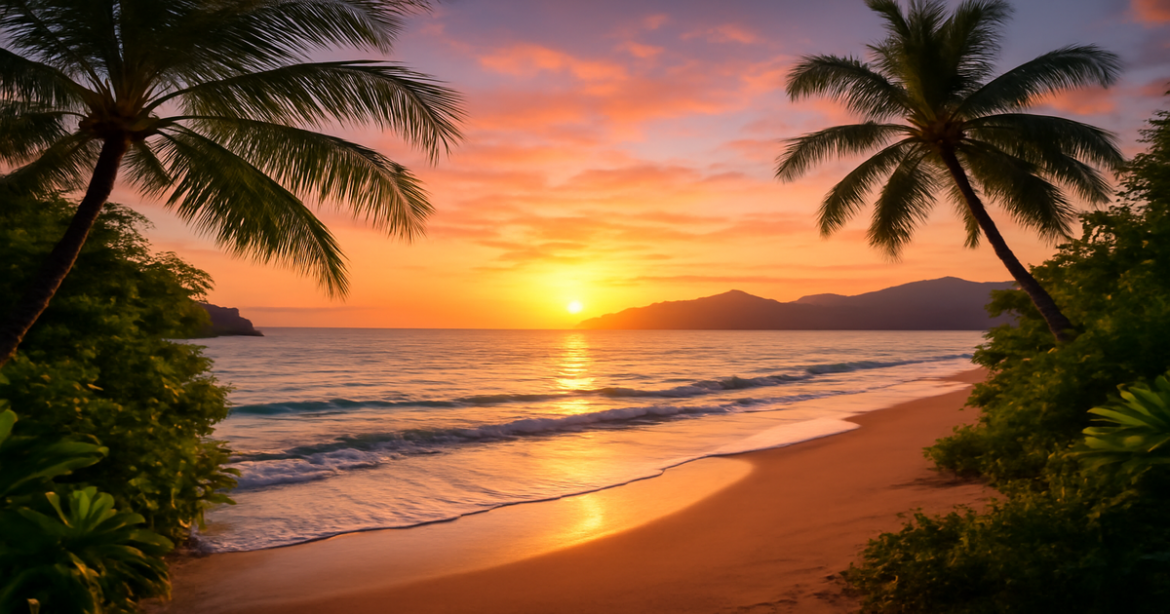 A beautiful beach sunset illustrating the organization of a trip for a perfect travel experience.