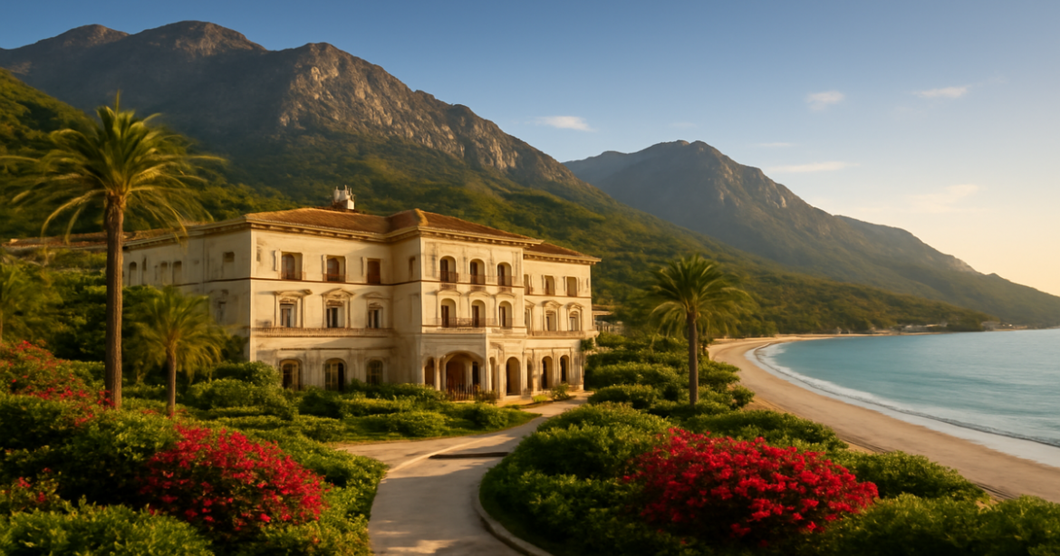 A breathtaking view of a hotel by the beach and mountains, illustrating правильный выбор отеля for travel.
