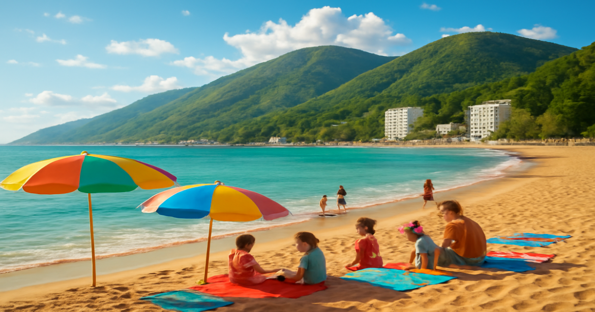 Beautiful beach scene in Sochi perfect for семейный отдых в Сочи, showcasing families enjoying nature and relaxation.