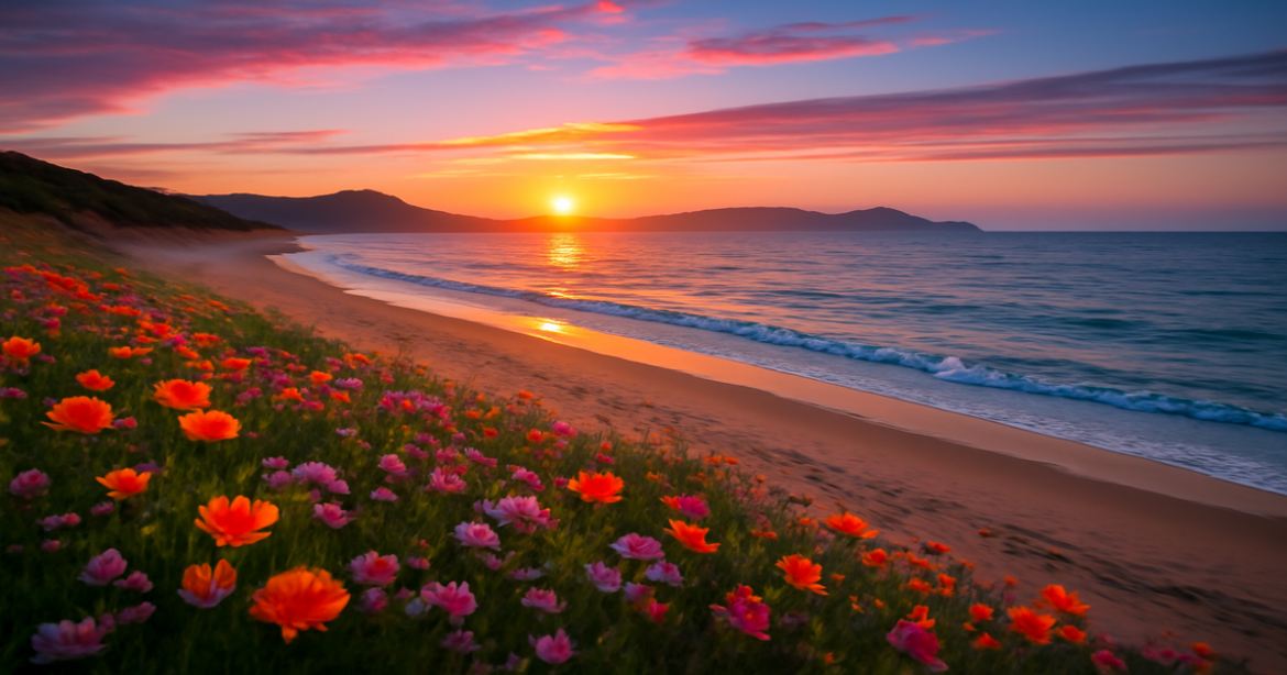 Explore семейный отпуск в России with this inspiring image of a beach sunset and mountains.