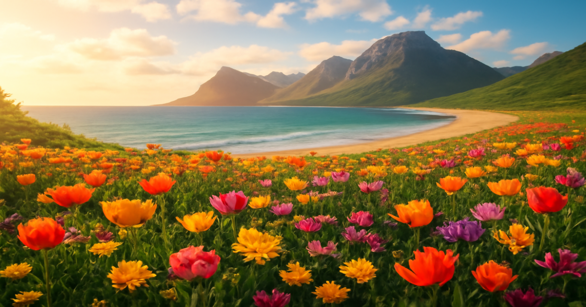 Stunning spring travel landscape highlighting путешествия весной with flowers, beach, and mountains.
