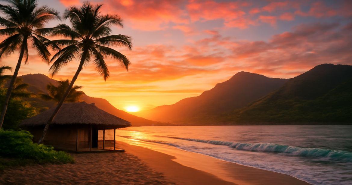 Stunning seasonal travel advice image featuring a beach sunset and mountains, perfect for inspiring adventures.