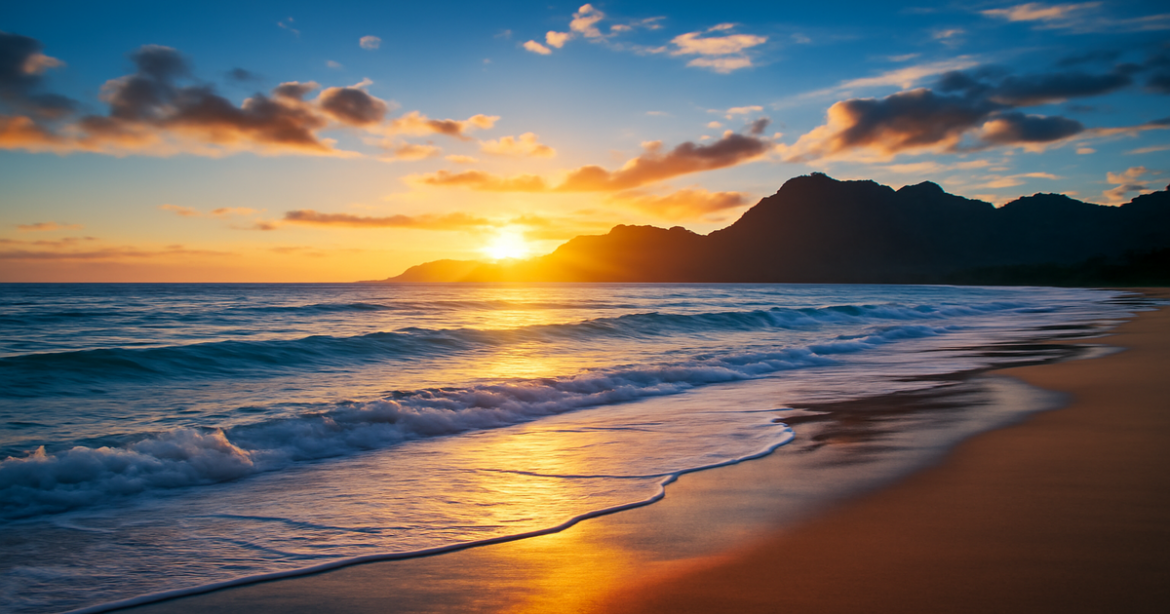 Seasonal советы для путешествий: serene beach at sunset with mountains, perfect for inspiring travel adventures.