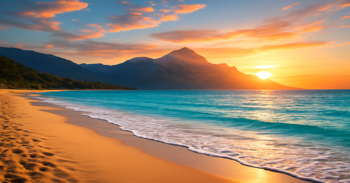 Stunning seasonal vacation landscape highlighting beaches and mountains for a perfect getaway.
