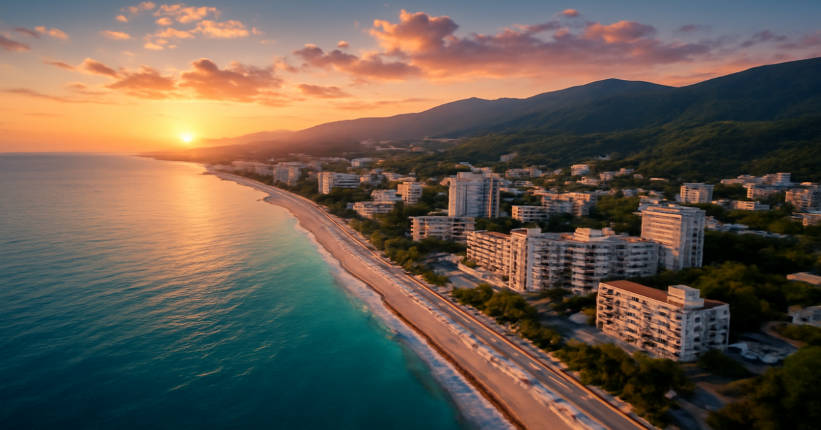 Explore Sochi with this breathtaking aerial view of its beaches and mountains in a travel guide.