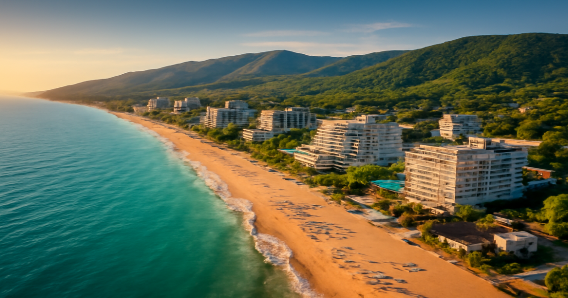 A breathtaking view of курорты Черного моря highlighting beaches and mountains for an ideal vacation.