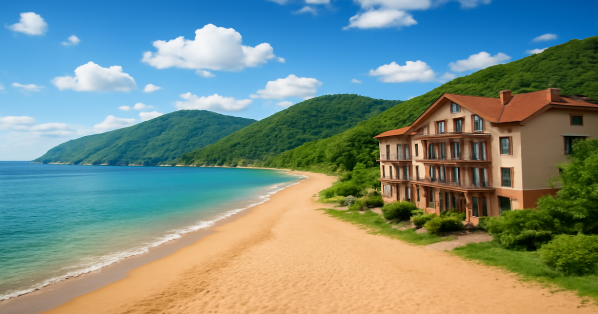 Explore budgetные курорты России with this beautiful beach resort scene, perfect for affordable travel.