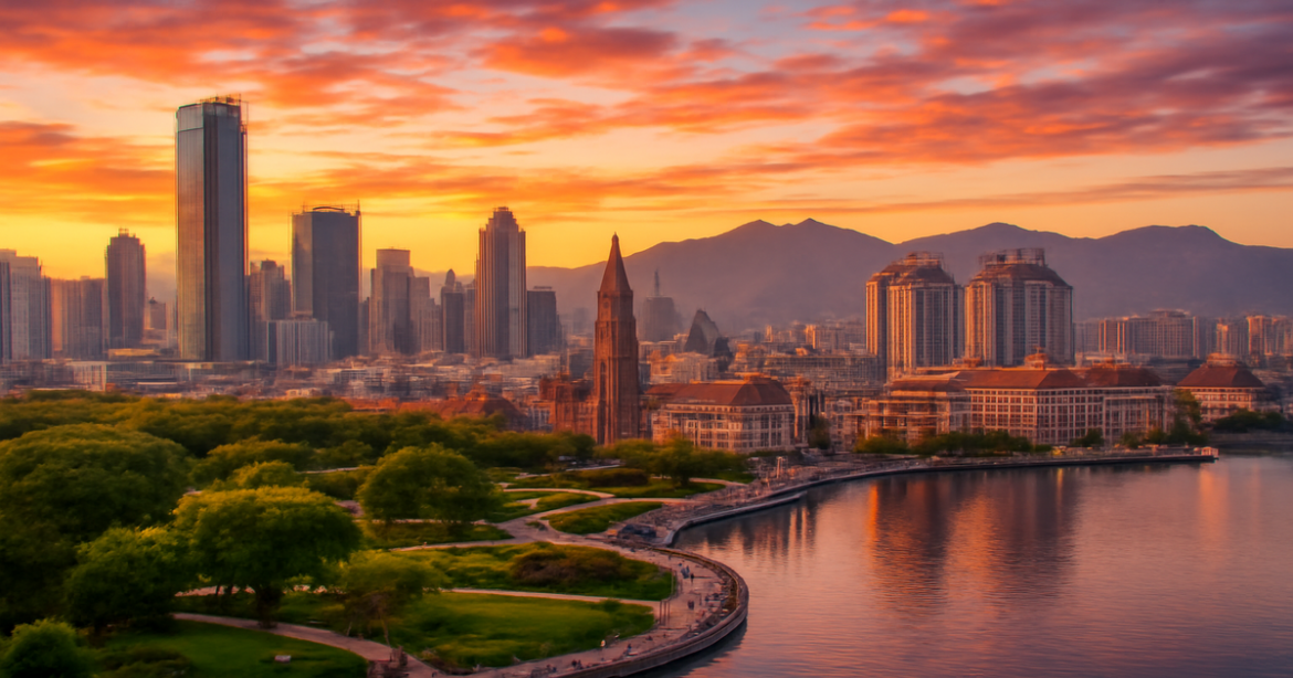 Stunning city skyline at sunset, ideal for showcasing города для путешествия in 2024.