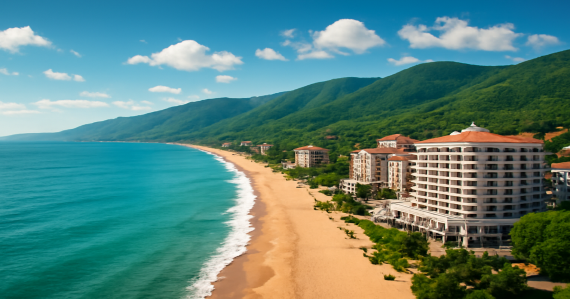 Discover the breathtaking курорты Черного моря with beautiful beaches and mountains in this stunning landscape.