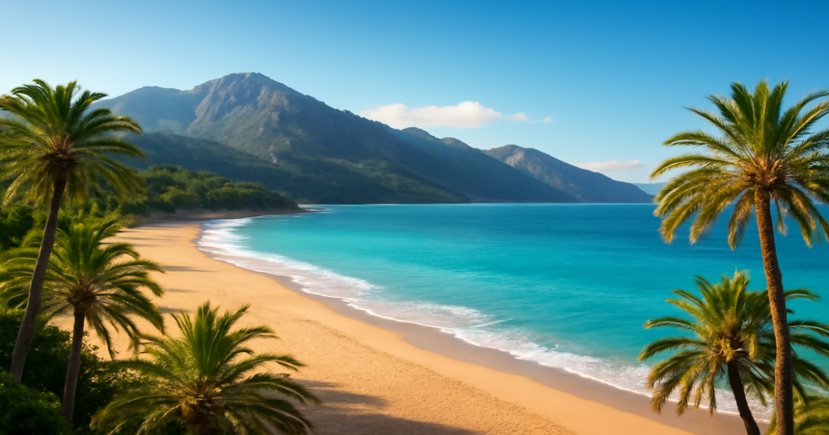 Stunning view of курорты России with beaches and mountains, perfect for ideal vacation inspiration.