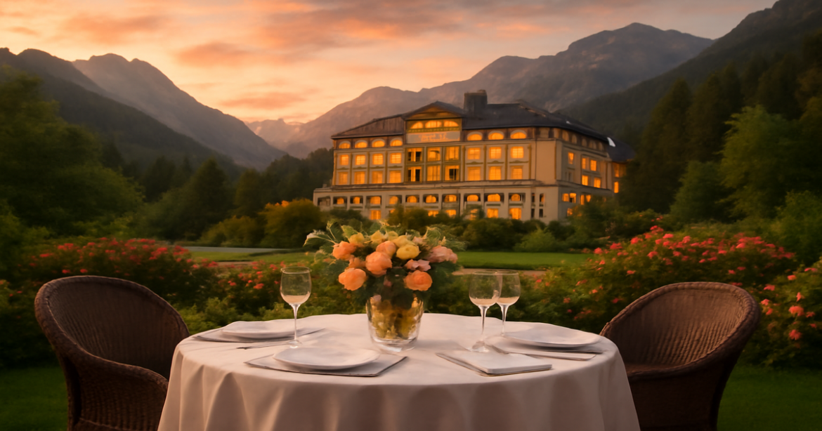 Luxurious hotel in mountains, ideal for романтический отдых в России, with a romantic dinner setup.