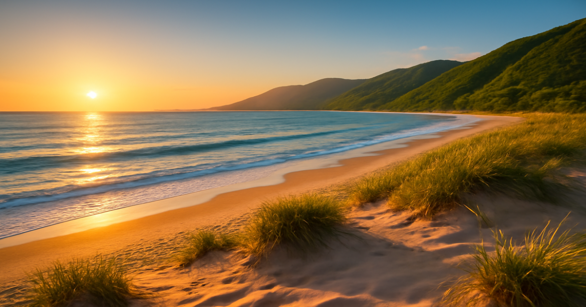 Explore the stunning пляжи Краснодарского края with golden sands and lush mountains at sunset.