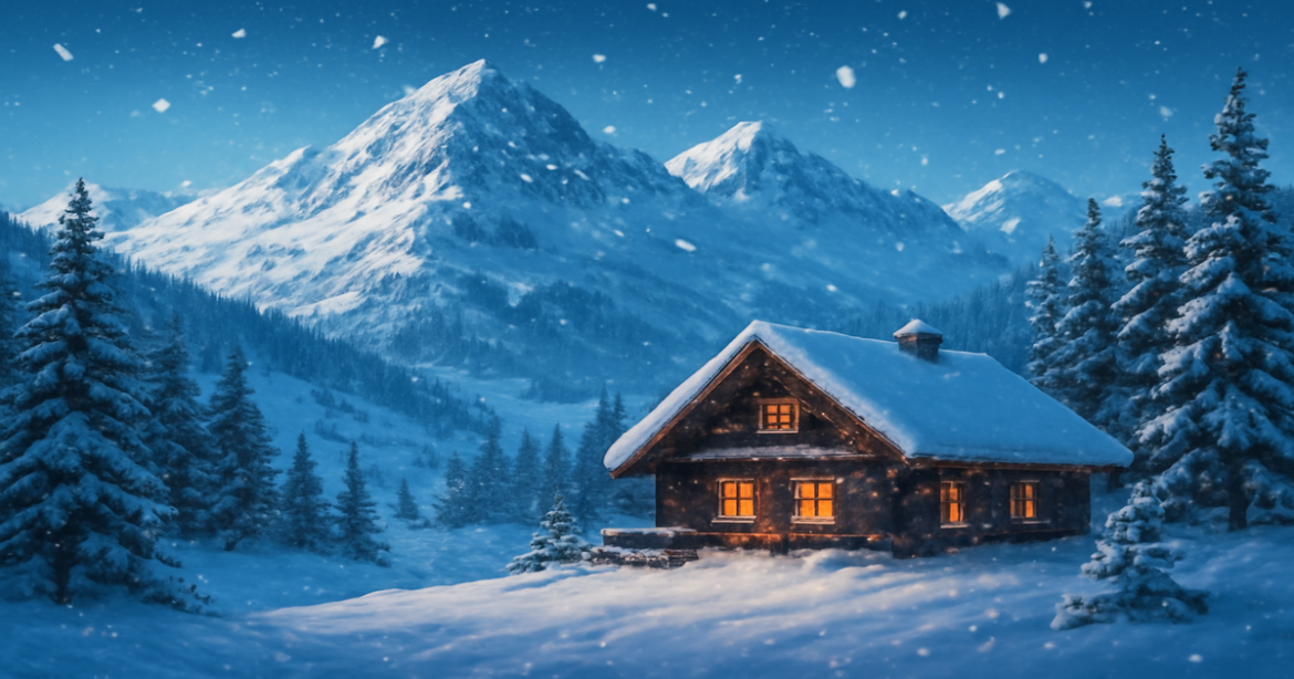 Stunning view of горнолыжные курорты России showcasing cozy cabins and snowy mountains.