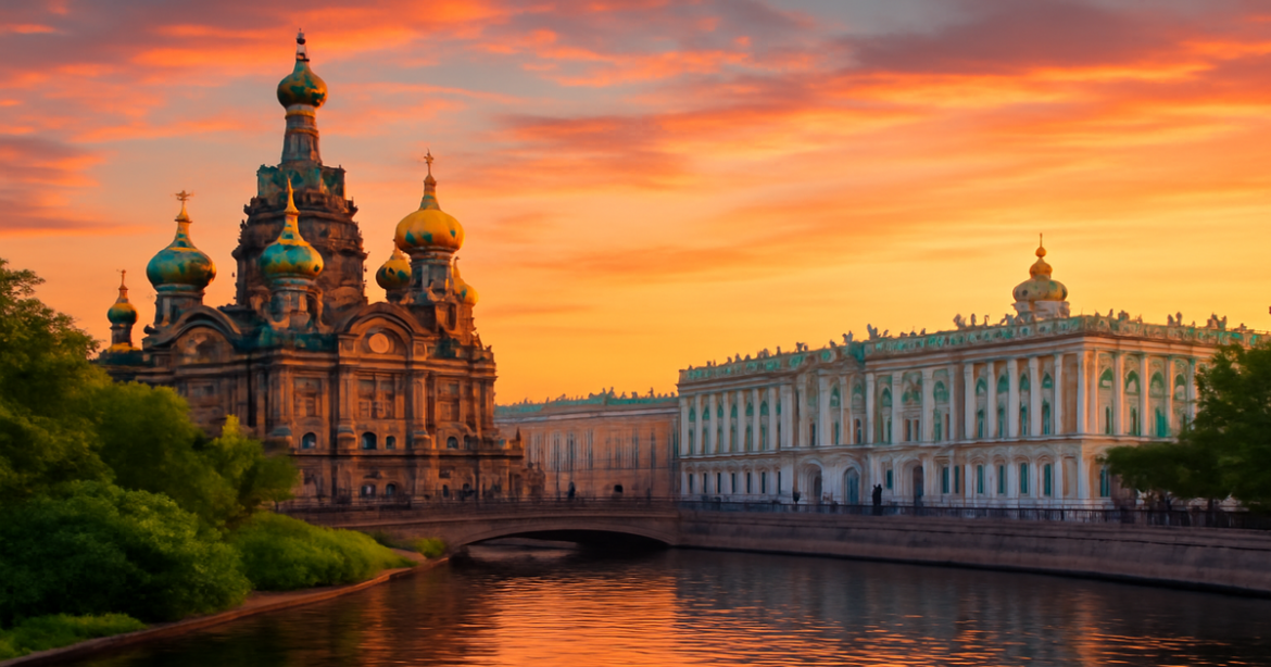 Explore the stunning достопримечательности Санкт-Петербурга, showcasing its iconic landmarks at sunset.