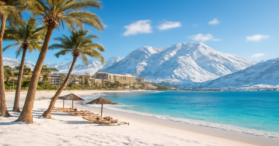 Explore экзотические зимние направления with a stunning beach and mountain landscape in this vibrant winter scene.