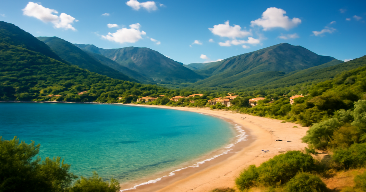 Explore stunning budgetные направления в Европе with this beautiful beach and mountain landscape.