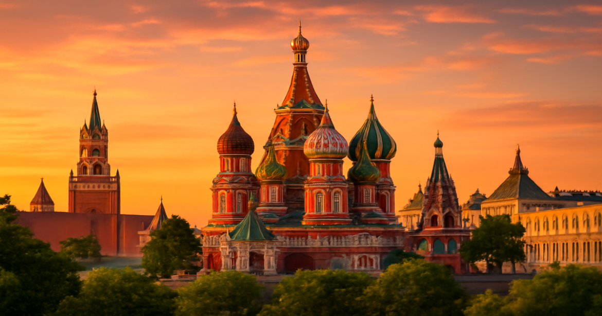 Explore достопримечательности России with this stunning view of Red Square at sunset.