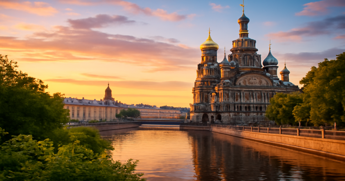 Explore уикенд в Санкт-Петербурге with stunning views of iconic landmarks and beautiful sunset reflections.