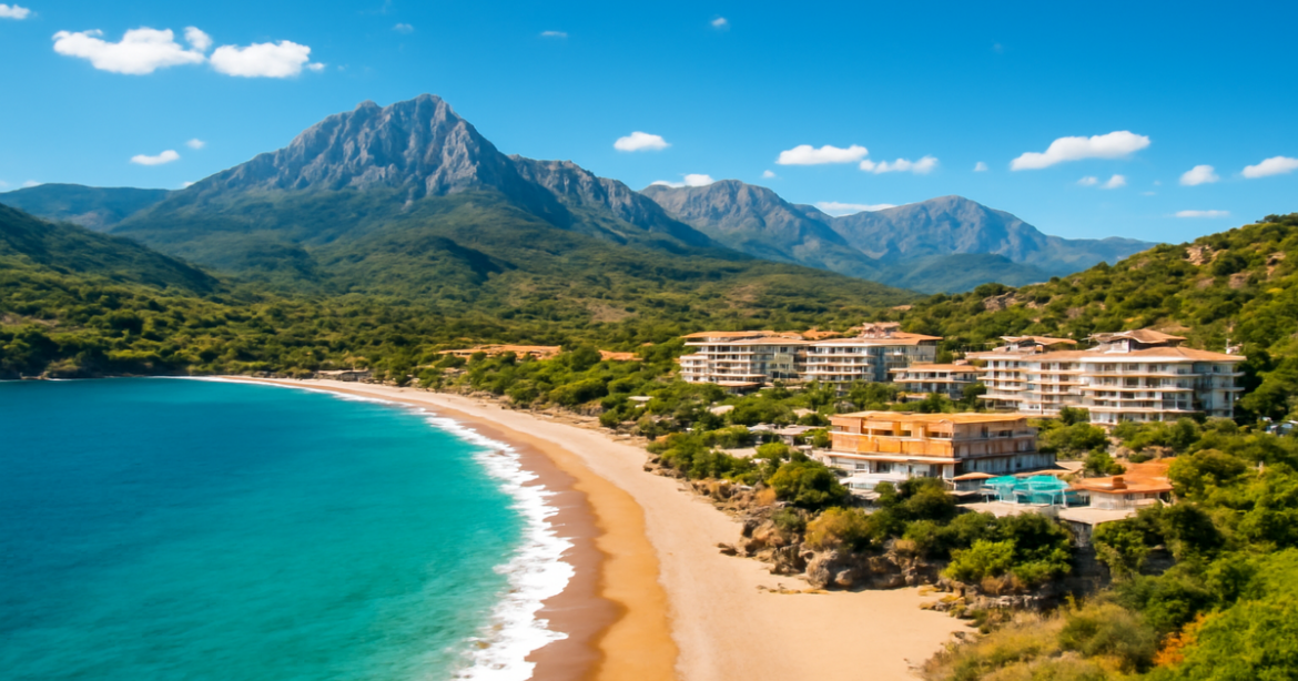 Explore визовые требования with this inspiring landscape of beaches and mountains.